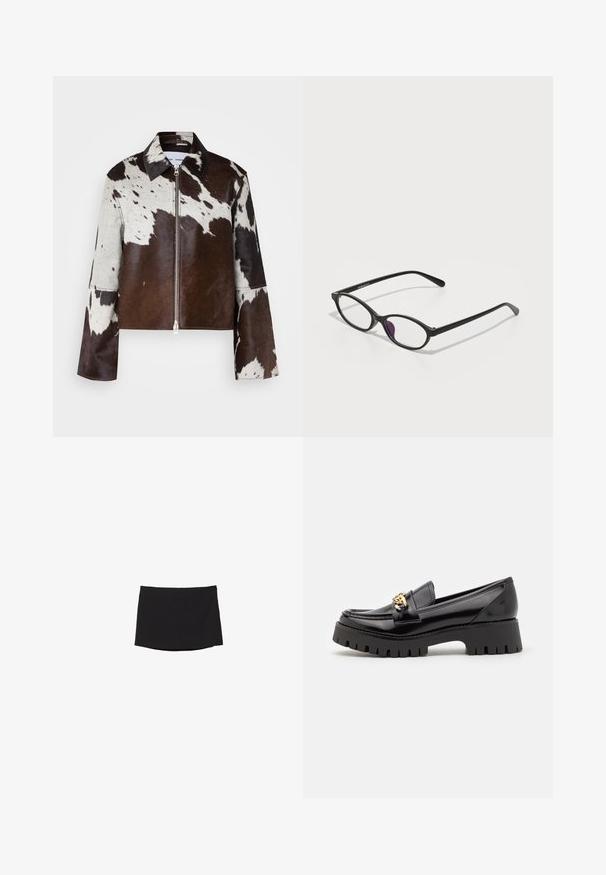 Veste courte en cuir de vache avec un motif patchwork brun et blanc. Comprend un col pointu et une fermeture à glissière à l'avant.; Bodysuit blanc à manches courtes en tissu doux et extensible. Présente un col rond et un dos échancré. Minimaliste et près du corps.; Minijupe noire en tissu lisse et extensible ; présente une coupe droite avec un ourlet subtil et sans fermetures ni motifs visibles.; Mocassins en cuir verni noir avec une semelle épaisse et crantée noire et un accent en laiton doré à l'avant. Texture lisse, design classique.; Lunettes en plastique noir avec une forme ovale, dotées de verres transparents et d'un accent violet sur le verre gauche. Design élégant et minimal.