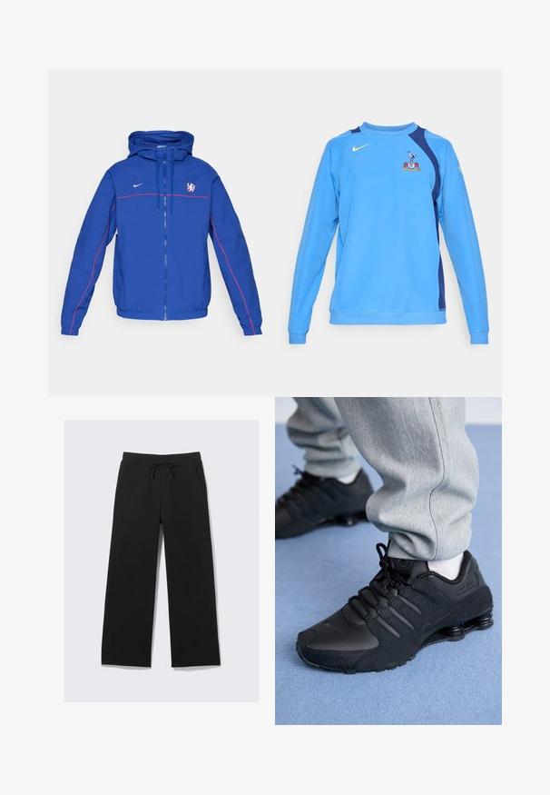 Blå Nike vindjacka med huva, med röda detaljer och en logotyp. Jackan har dragkedja och elastiska ärmslut och nederkant.; Ljusblå sweatshirt med lång ärm, marinblå detaljer på axlarna, Nike-logga i gult och en laget emblem på framsidan. Mjuk tygtextur.; Två vita linnen med ribbad textur, som har broderade logotyper i blått och grönt. Det ena har en soldesign och det andra en palm.; Svarta vida sweatpants tillverkade av ett mjukt material. Har en elastisk midja med dragsko och sidofickor. Slät yta.; Person som bär svarta Nike Shox-sneakers och grå träningsbyxor stående på en ljusblå matta.