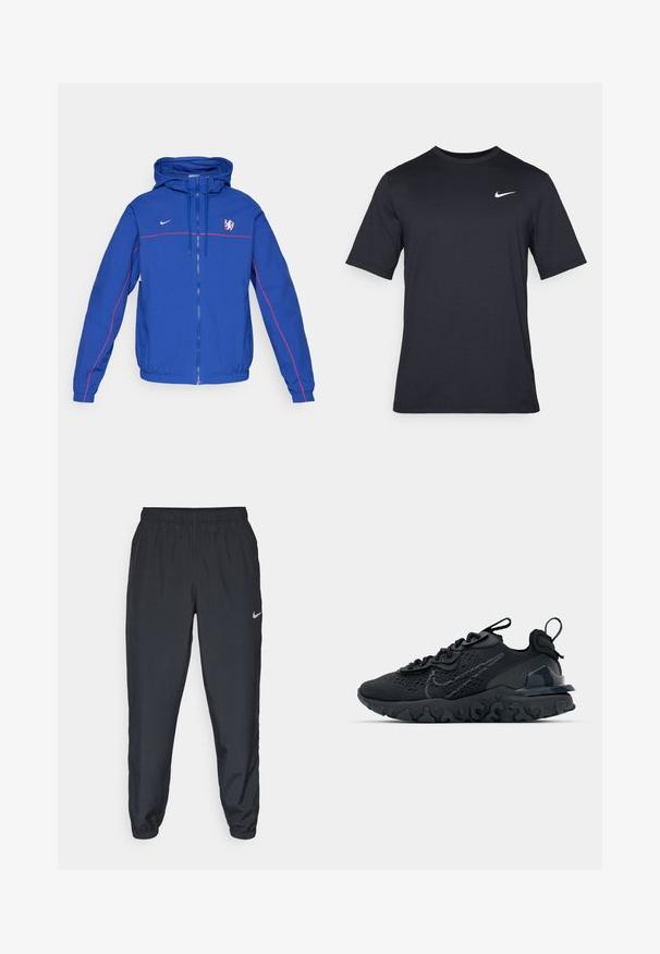 Blå Nike vindjakke med hette, med røde detaljer og logo. Jakken har glidelås og elastiske mansjetter og kant.; Svart kortermet Nike t-skjorte laget av glatt stoff, med en hvit swoosh-logo på øvre venstre side, rund hals.; Svarte joggebukser laget av lett stoff med elastisk midje, ankelmanchetter og en diskret Nike-logo på venstre side.; Svart treningssko med et pustende nettobert overdel, teksturerte detaljer og en bølget gummisåle. Har reflekterende logo og snøresystem.