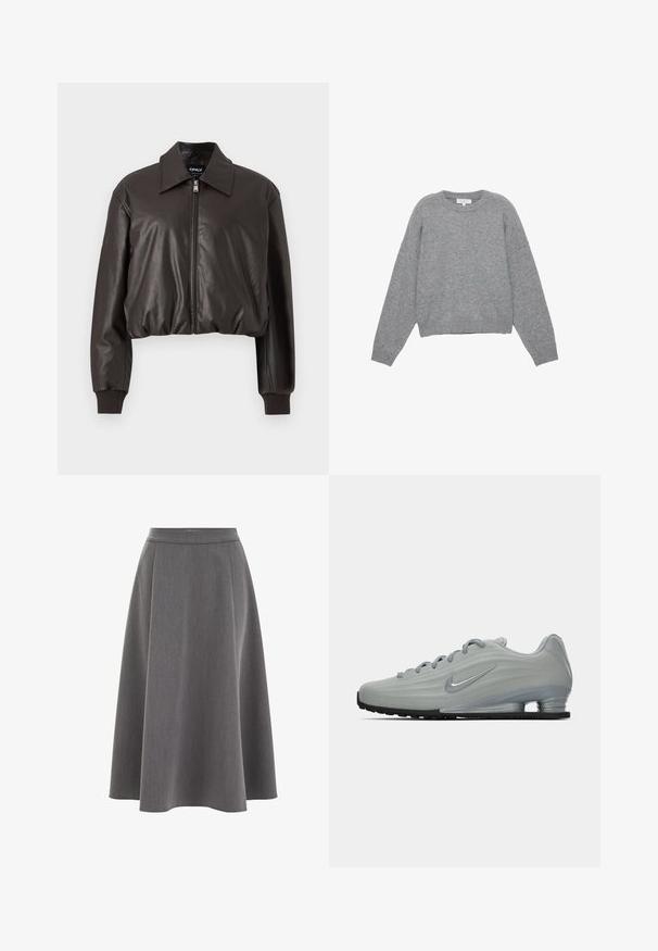 Giubbotto di pelle marrone cropped con una texture liscia, un ampio colletto, una cerniera frontale e polsini a coste. Presenta una vestibilità relax e un design minimale.; Maglione grigio a maglia con maniche lunghe, polsini e orlo a coste. Collo rotondo con una vestibilità comoda e una texture morbida. Nessun motivo o dettaglio visibile.; T-shirt bianco oversize realizzata in morbido cotone. Caratterizzata da maniche corte, un colletto tondo e una vestibilità rilassata senza modelli o dettagli visibili.; Gonna A-line grigia con texture liscia, design plissé e vita aderente. Il tessuto sembra leggero e si drappeggia dolcemente.; Vista laterale di una sneaker Nike grigia chiara con lacci, logo swoosh e suola con ammortizzazione trasparente su uno sfondo neutro.