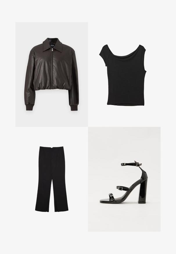Giubbotto di pelle marrone cropped con una texture liscia, un ampio colletto, una cerniera frontale e polsini a coste. Presenta una vestibilità relax e un design minimale.; Top nero a maniche corte realizzato in tessuto liscio; presenta un colletto drappeggiato e un orlo asimmetrico, con una vestibilità aderente.; Pantaloni neri a gamba dritta, con tasche frontali e spacchi laterali all'orlo. Realizzati in tessuto morbido e liscio. Adatti a diverse occasioni.; Sandali con tacco in vernice nera, con punta squadrata, cinturini alla caviglia e fibbie in argento. Presentano un tacco a blocco spesso per maggiore stabilità.