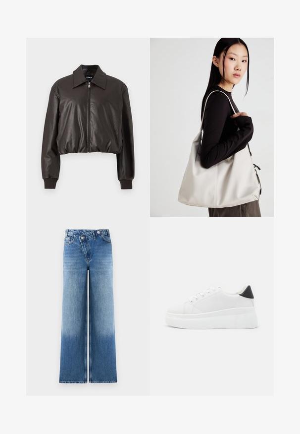 Giubbotto di pelle marrone cropped con una texture liscia, un ampio colletto, una cerniera frontale e polsini a coste. Presenta una vestibilità relax e un design minimale.; Top bianco senza maniche con scollatura rotonda. Realizzato in tessuto liscio, presenta una vestibilità rilassata e un design minimalista. Nessun motivo o accentuazione.; Jeans azzurri a gamba larga con un lavaggio sbiadito, dotati di un classico design a cinque tasche e dettagli in metallo sui bottoni in vita.; Sneakers platform bianchi realizzati in materiale sintetico liscio, con punta arrotondata, design con lacci e suola in gomma texture. Accento nero nel tallone.; Borsa a mano beige realizzata in materiale morbido, caratterizzata da un design morbido, dettagli cuciti e due manici. Adatta per l'uso quotidiano.