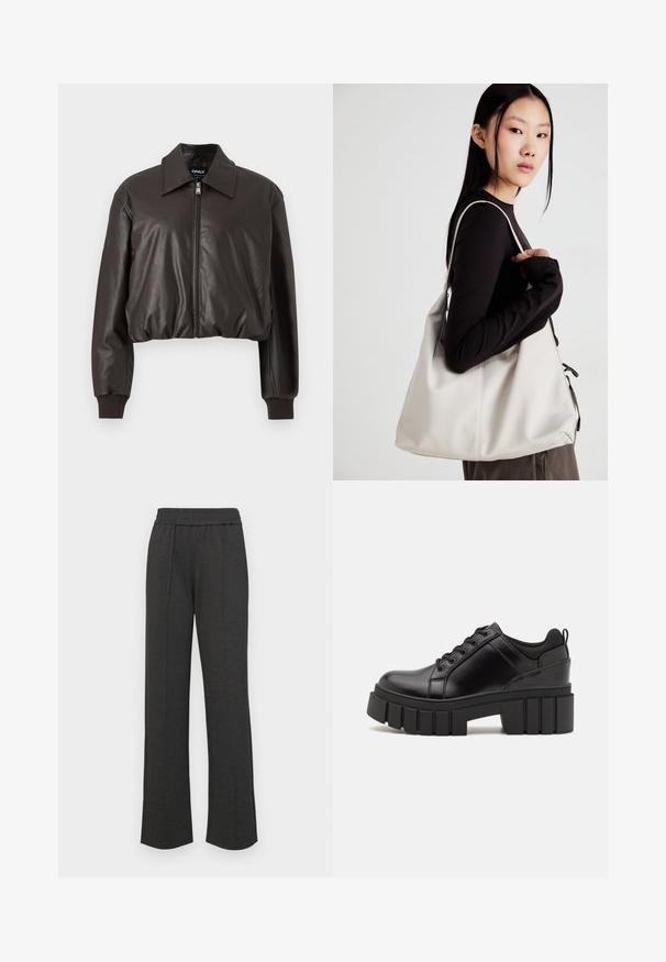 Ruskea lyhyt nahkatakki, jossa on sileä pinta, leveä kaulus, edessä vetoketju ja ribatut hihansuut. Täydennetty rentoa istuvuutta ja yksinkertaista muotoilua.; Musta ja valkoinen T-paita, pyöreä kaula-aukko, lyhyet hihat. Mustassa paidassa on keltainen auringon brodeeraus; valkoisessa on violetti puolikuu-aksentti.; Mustat suorat housut, joissa on joustava vyötärö, etupleatit, pehmeä kangas ja ilman näkyviä kuvioita tai metalliosia.; Mustat nahkakengät, joissa on lättihenkinen korko, pyöreä kärki ja perinteinen nauhakiinnitys. Ominaisuuksiin kuuluu sileä pintakuvio ja minimaalinen yksityiskohtaisuus.; Beige laukku, joka on valmistettu pehmeästä materiaalista, ja siinä on rento muotoilu, ommeltu yksityiskohtia ja kaksi olkahihnaa. Sopii päivittäiseen käyttöön.