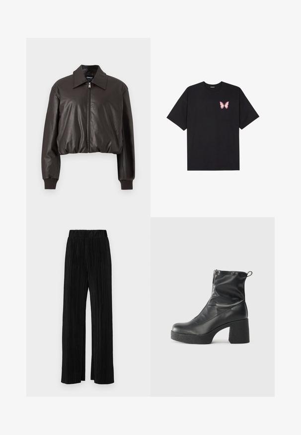 Chaqueta de cuero marrón corta con una textura suave, un cuello ancho, un cierre frontal y puños acanalados. Presenta un ajuste relajado y un diseño minimalista.; Camiseta de algodón negra de manga corta, con un pequeño gráfico de mariposa rosa en el lado izquierdo del pecho. Diseño de cuello redondo con un corte relajado.; Pantalones negros de pliegues con una cintura elástica. Presentan piernas anchas y una tela suave y texturada con rayas verticales.; Botines negros de tobillo, hechos de cuero suave, con cierre lateral, tacón grueso texturizado y diseño de punta redondeada.