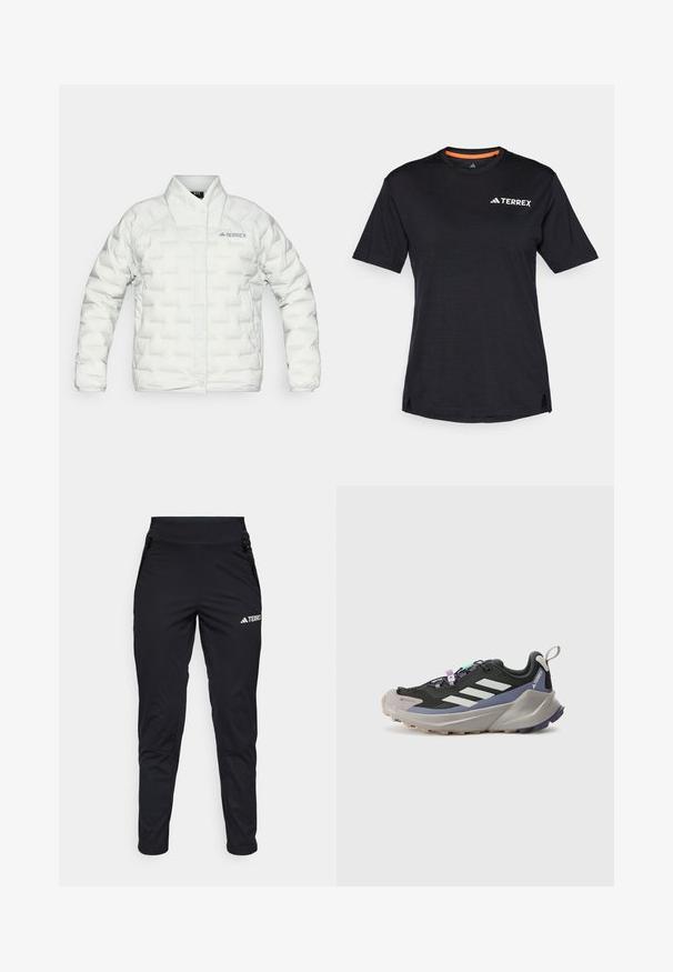 Casaco puffer branco com padrão acolchoado, fecho com botões e gola alta. Apresenta o logótipo "TERREX" no lado esquerdo do peito.; T-shirt preto de manga curta com decote redondo, apresentando uma textura heather subtil e o logótipo branco "TERREX" no lado superior esquerdo.; Calças de desporto pretas com um tecido suave, apresentando um design ajustado, bolsos com fecho e uma parte inferior texturizada. Logótipo impresso na frente.; Sapato atlético preto com parte superior em Gore-Tex, riscas brancas, detalhes em roxo, entressola cinza espessa e sola cinza texturizada para aderência.