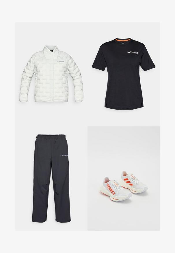 Hvit pufferjakke med quiltet mønster, trykknap-lukking og høy krage. Har "TERREX"-logoen på venstre bryst.; Svart T-skjorte med kort erme og rund hals, med en subtil melert tekstur og hvit "TERREX" logo på øverste venstre side.; Sorte, lette utendørsbukser med elastisk midjebånd, sidelommer og en logo på øvre høyre bein. Glatt, vannavvisende stoff.; Hvite joggesko med oransje detaljer. Mesh-materiale, avrundet tå, og tykk såle. "TERREX" trykt på yttersiden og tre striper på hælen.