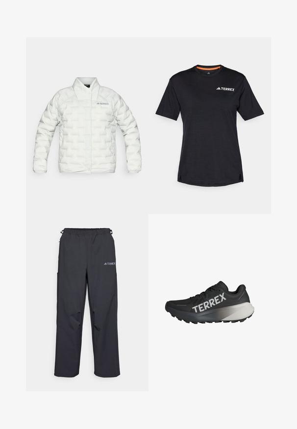 Valge puffjope, millel on tikitud muster, nööbiga sulgemine ja kõrge krae. Vasakul rinnal on "TERREX" logo.; Must t-särk lühikeste varrukatega, ümmarguse kaelusega, millel on peen heather struktuur ja valge "TERREX" logo vasakul ülanurgas.; Mustajad, kerged väljakäimise püksid elastse vöökoha, küljetaskute ja logoga paremal ülemisel jalal. Sile veekindel kangas.; Mustad mustus jooksujalats, millel on tekstuuriga pealmine osa, silmapaistev valge "TERREX" logo, kitsenev talladisain ja halli gradientaktsent kandadel.