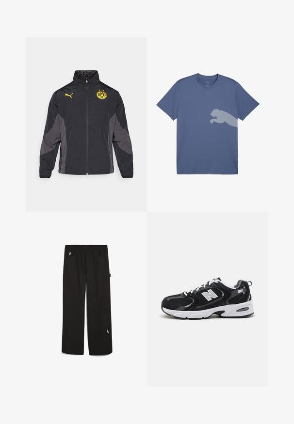 Black jacket with grey accents, high collar, zip front, and yellow logo. Features a smooth texture and lightweight material.; Blue short-sleeve t-shirt made of smooth cotton blend, featuring a white graphic of a leaping cat on the front in a dotted pattern.; Black pants with an elastic waistband, two front pockets, and a small embroidered detail on the lower leg. Made from a lightweight material.; Black and gray athletic shoes with mesh and suede upper, featuring a white midsole, laces, and a bold "N" logo on the side.