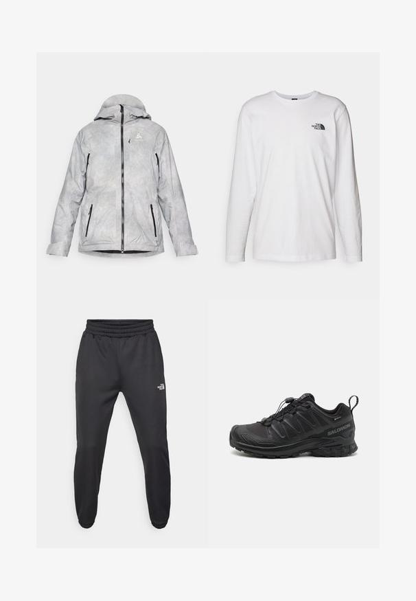 Lys grå isoleret jakke med hætte, der har et rutenetmønster, sorte lynlåse og logo på brystet. Lodrette lynlås-lommer på siderne.; Hvid langærmet T-shirt lavet af bomuld med rund hals. Har et lille sort logo på brystet. Glat tekstur, almindelig pasform.; Sorte sweatpants med snor i livet, tætsiddende pasform, elastiske manchetter og et lille hvidt logo på venstre lår, lavet af glat stof.; Sort atletik sko med en struktureret syntetisk overdel, polstret sål og et hurtiglukkesystem. Har forstærket tå og hæl.