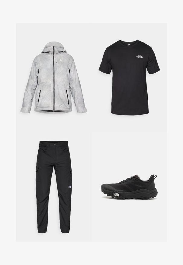 Light gray insulated jacket with a hood, featuring a grid pattern, black zippers, and logo on the chest. Vertical zip pockets on sides.; Black short-sleeve t-shirt made of cotton, featuring a round neckline and a small white logo on the upper left chest area.; The North Face HORIZON PANT - Outdoor trousers - black; Black trail running shoe with a textured upper, rubber sole, and reinforced toe cap. Features a padded collar and pull tab for easy wear.