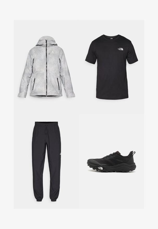 Világosszürke, kapucnis szigetelt dzseki, rácsos mintával, fekete cipzárakkal és logóval a mellkason. Függőleges cipzáras zsebek az oldalakon.; Fekete rövidujjú pamut póló, kerek nyakkivágással, a bal felső mellkason egy kis fehér logóval.; Fekete sportnadrág, könnyű anyagból készült, húzózsinóros derékkal, oldalsó zsebekkel és szűkített szárakkal a bokáknál.; Fekete terepfutó cipő, textúrált felső résszel, gumitalppal és megerősített lábujjrészével. Párnázott bokarésszel és húzófüllel rendelkezik a könnyű felhúzáshoz.