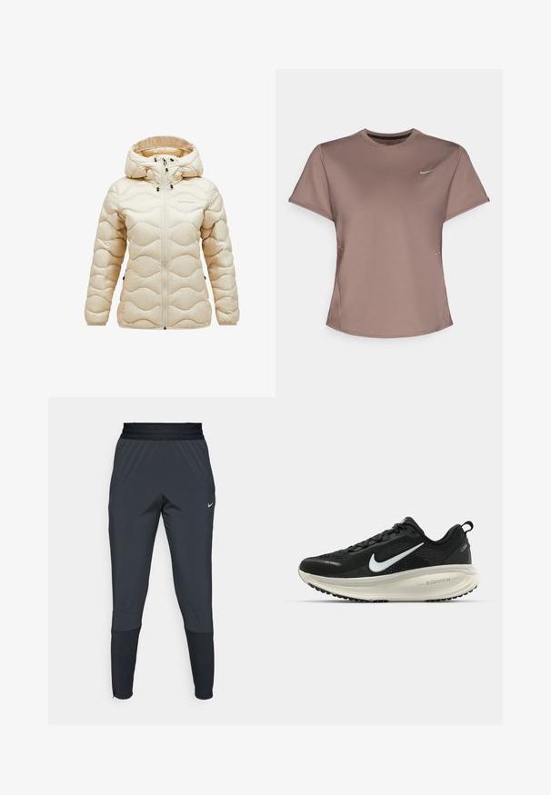 Beige dunjakke med lynlås foran, hætte og quiltemønster i bølgemotiv. Glat, skinnende stof med sorte hardware-detaljer.; Brun atletisk t-shirt med rund halsudskæring, korte ærmer og diskrete sidesplitter. Har et lille reflekterende Nike-logo på brystet.; Nike træningsbukser i mørkegrå, med en tætsiddende ben-design, elastisk talje og detaljer ved manchetterne.; Sort Nike løbesko med åndbart mesh-overdel, hvidt swoosh-logo, tekstureret detaljering og en cremede ZoomX mellemsål.
