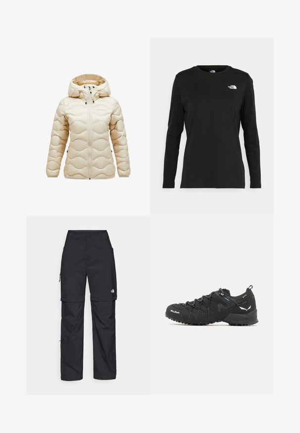 Beige dunjakke med lynlås foran, hætte og quiltemønster i bølgemotiv. Glat, skinnende stof med sorte hardware-detaljer.; Sort langærmet t-shirt lavet af bomuld med rund hals. Har et lille hvidt logo på venstre brystområde. Enkel design og pasform.; Sorte nylon cargo bukser med lynlås, justerbare manchetter, flere lommer og et logo på højre ben. Glat, let tekstur.; Sorte vandresko med en tekstureret stofoverdel, snøresystem og robust gummisål. Accenteret med reflekterende detaljer og logoer.