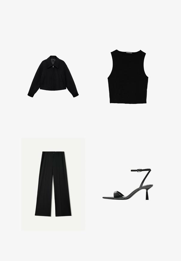 Sort uldjakke med lynlås, bred krave og to skrå forlommer, lange ærmer og en let cropped pasform.; Sort ærmeløs crop top lavet af glat stof, med rund hals og et rent, enkelt design uden mønstre eller hardware.; Bershka WIDE - Bukser - black; Bershka Højhælede sandaletter / Højhælede sandaler - black