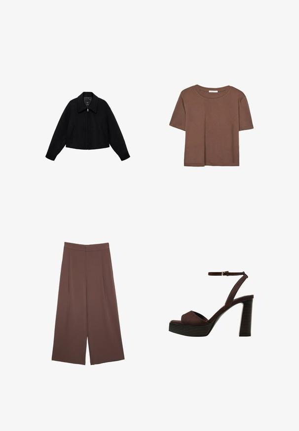Schwarze Wolljacke mit durchgehendem Reißverschluss, breitem Kragen und zwei schrägen Vorderaschen, langen Ärmeln und einem leicht verkürzten Schnitt.; Braunes, kurzärmliges T-Shirt aus weichem Material mit rundem Halsausschnitt und lockerer Passform. Keine sichtbaren Muster oder Akzente.; Braune Weite-Leg-Hosen mit einer glatten Textur, hoher Taille und Vorderfalten. Der Stoff ist leicht und fällt locker.; Braune Wildleder-Pumps mit offenem Zeh, verstellbarem Knöchelriemen und gestreiftem Plateausohlen.