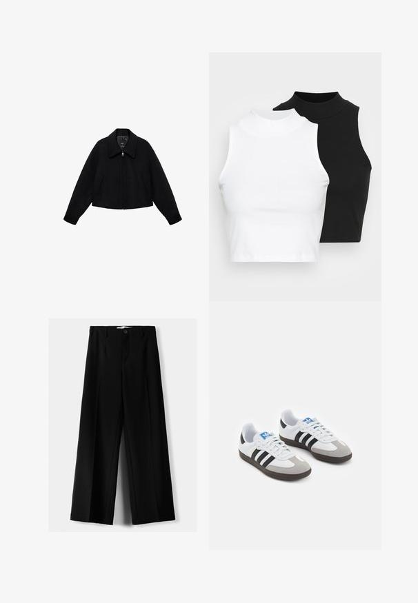 Czarna wełniana kurtka zapinana na zamek z szerokim kołnierzem, dwiema skośnymi kieszeniami z przodu, długimi rękawami i lekko skróconym fasonem.; Dwa bezrękawnikowe golfy w kolorze czarnym i białym, charakteryzujące się dopasowanym fasonem i gładką teksturą, o skróconej długości.; Czarne spodnie szerokie, wykonane z lekkiego materiału, z zapięciem na guzik z przodu i gładkim przodem, z starannie wykończonymi brzegami.; Buty sportowe z białą skórzaną cholewką, szarym zamszowym noskiem i trzema czarnymi paskami. Posiadają niebieskie logo na języku oraz teksturowaną gumową podeszwę.