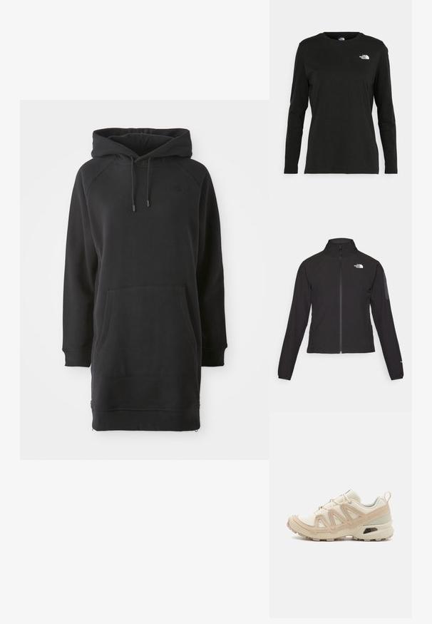 Sort zip-jacket med høj krave, struktureret stof og logo på venstre bryst. Har lange ærmer og en tætsiddende design.; Sort hættekjole med kængurulomme, ribbede manchetter og justerbare snore. Fremstillet af blødt stof med en afslappet pasform.; Sort langærmet t-shirt lavet af bomuld med rund hals. Har et lille hvidt logo på venstre brystområde. Enkel design og pasform.; Beige og creme atletiksko med struktureret mesh-overdel, støttende overlays og gummiyderside med et mønster for trækkraft.