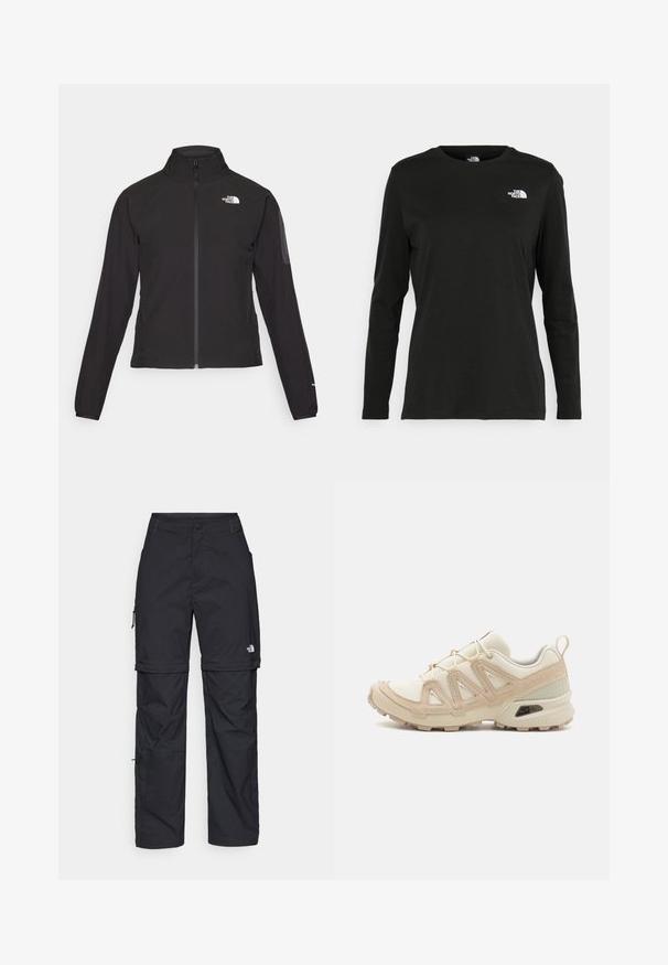 Veste noire zippée avec un col haut, tissu texturé et logo sur la poitrine gauche. Elle possède des manches longues et une coupe ajustée.; T-shirt noir à manches longues en coton avec un col rond. Présente un petit logo blanc sur la partie gauche de la poitrine. Design et coupe simples.; Pantalons cargo en nylon noir, à zip amovible, avec chevilles ajustables, plusieurs poches et un logo sur la jambe droite. Texture lisse et légère.; Baskets de sport beiges et crème avec une tige en mesh texturé, des superpositions de soutien et une semelle en caoutchouc dotée d'un motif de crampons pour une traction.