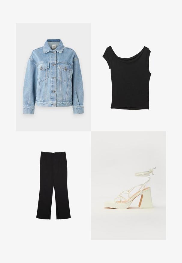 Abercrombie & Fitch Oversized Distressed Denim Trucker Jacket - Jakna iz džinsa - light; Črna kratka majica s kratkimi rokavi iz gladkega blaga; ima drapiran izrez in asimetrično spodnjo rob, s prilegnjenim telesom.; Črne hlače ravnega kroja z naglavnimi žepi in stranskimi razporki na robu. Narejene iz mehke, gladke tkanine. Primerne za različne priložnosti.; Bela sandala na visokih petah s debelim petam, ki ima obliko trakcev in vezanje okoli gležnja. Gladka tekstura z platformo spredaj za dodatno višino.