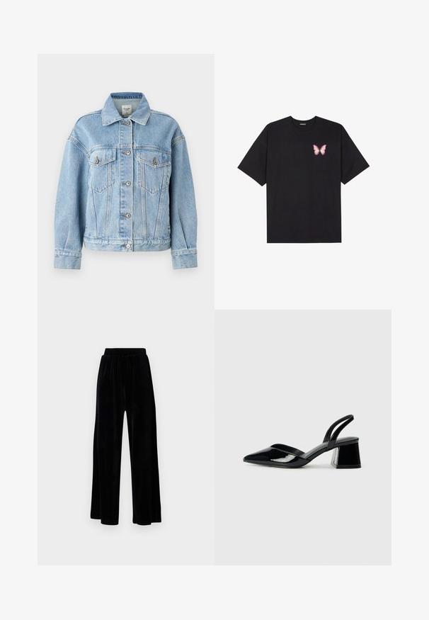 Abercrombie & Fitch Oversized Distressed Denim Trucker Jacket - Jakna iz džinsa - light; Črna bombažna majica s kratkimi rokavi, ki ima majhen roza metuljček na levi strani prsnega dela. Majica s krožnim ovratnikom in sproščenim krojem.; Črne široke hlače iz mehkega žameta, z elastičnim pasom in gladko teksturo, brez vidnih detajlov ali vzorcev.; Črne lakirane slingback pete s koničastim nosom in geometrijsko blokasto peto. Imajo eleganten, minimalističen dizajn in gladko teksturo.