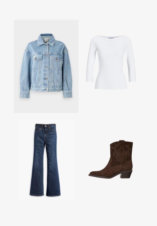 Abercrombie & Fitch Oversized Distressed Denim Trucker Jacket - Jeansjacke - light; Weißes, geripptes Langarmoberteil mit weitem Ausschnitt. Der Stoff ist glatt, figurbetont und zeichnet sich durch einen sauberen Abschluss an den Bündchen und dem Saum aus.; Hochtaillierte dunkelblaue Jeans mit ausgestellten Beinen, Vorderknopf- und Reißverschluss sowie Fünf-Taschen-Design.; Braune Wildleder-Cowboy-Stiefel mit spitzem Zeh, dekorativen Stickmustern, Knöchelhöhe und gestapeltem Absatz. Mit einer Zuglasche für einfaches An- und Ausziehen.