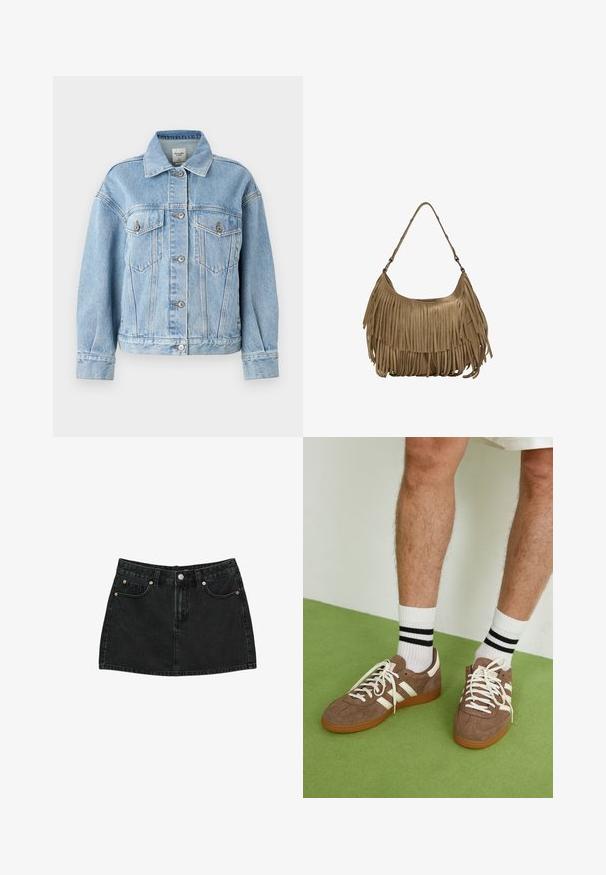 Abercrombie & Fitch Oversized Distressed Denim Trucker Jacket - Jeansjacke - light; Stradivarius HALTER WITH EMBROIDERY - Bluse - black; Schwarzer Jeans-Minirock mit Knopfverschluss vorne, Gürtelschlaufen und zwei vorderen Taschen mit Kupfernieten, flach auf weißem Hintergrund ausgelegt.; Braune Wildleder-Sneaker mit weißen Akzenten und Schnürsenkeln. Gummisohle in Kautschuk-Optik. Getragen mit weißen Socken, die schwarze Streifen haben. Grüner strukturierter Fußboden.; Braune Wildleder-Handtasche mit langen Fransen, einer geschwungenen Form und einem einzelnen Schultergurt. Verfügt über eine glatte, strukturierte Oberfläche.