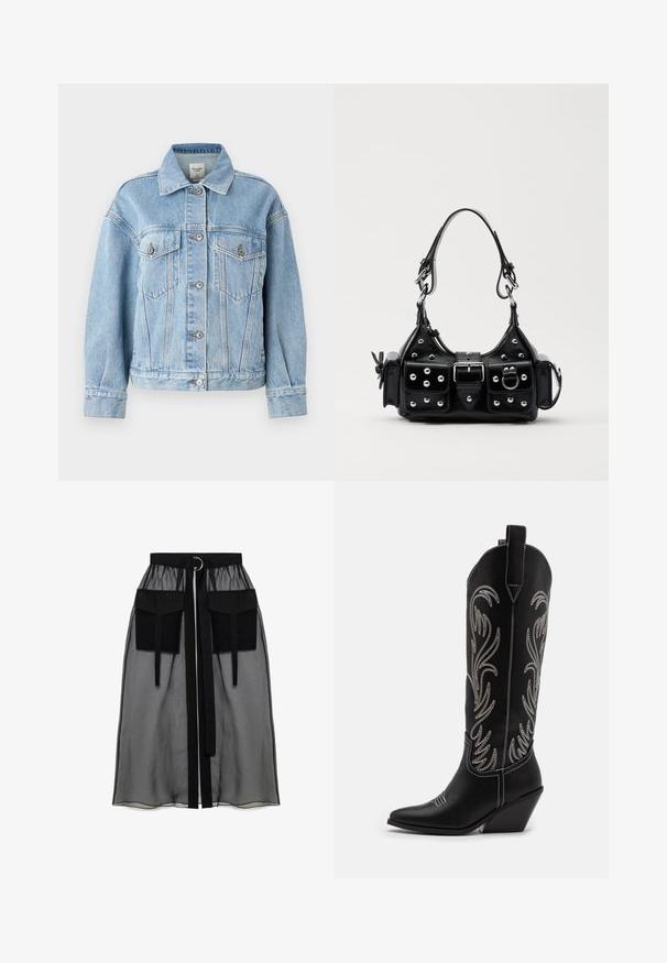 Abercrombie & Fitch Oversized Distressed Denim Trucker Jacket - Veste en jean - light; Deux bodysuits à manches longues : l'un en tissu doux noir, l'autre dans un design léopard beige et marron. Col haut pour les deux.; Jupe noire transparente avec une taille froncée, dotée de deux grandes poches avant, d'une ceinture à nouer et d'un accent en métal circulaire.; Bottes de cowboy noires en cuir avec des pointes effilées, des talons compensés et des motifs floraux brodés en argent le long du tige. Couture contrastante sur l'ensemble.; Sac à main en cuir noir au design courbé, avec des clous en argent, une boucle et deux poches latérales. Bandoulière réglable pour différentes options de transport.