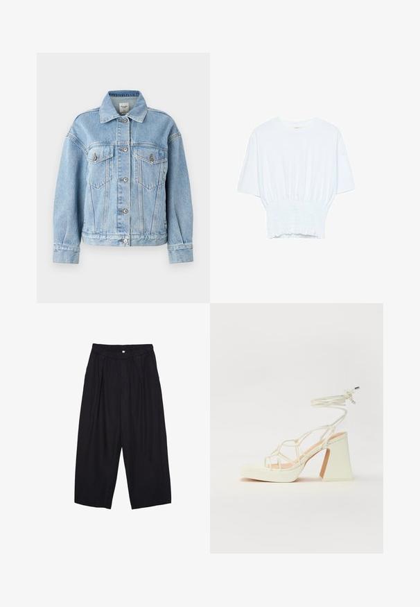 Abercrombie & Fitch Oversized Distressed Denim Trucker Jacket - Farkkutakki - light; Valkoinen lyhythihainen t-paita, jossa on rento leikkaus ja frillattu tekstuuri vyötäröllä. Valmistettu pehmeästä, kevyestä kankaasta.; Musta polyesterinen culotte-housut, jossa on joustava vyötärö, kaksi etupleettiä ja löysä siluetti. Ei näkyviä kuvioita tai metallisia yksityiskohtia.; Valkoinen korkokenkä, jossa on paksu korko, ja joka sisältää nauhakiinnityksen ja nilkkaketjun. Sujuva pinta, jossa on platform-etupohja lisäkorkeutta varten.