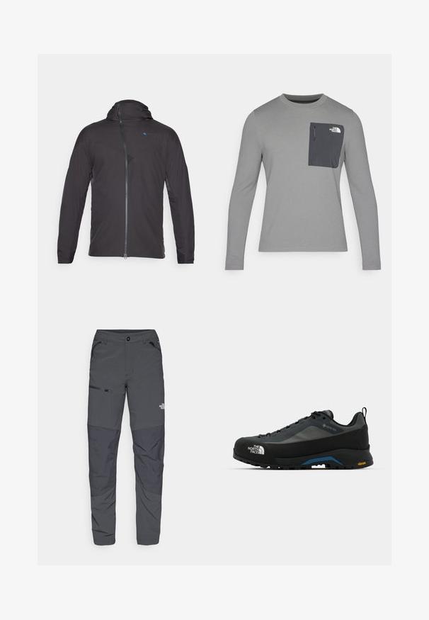 Schwarze Sportjacke mit Kapuze, ausgestattet mit einem Frontreißverschluss, kontrastierendem blauen Logo und strukturierten Einsätzen an den Schultern und Seiten.; Langärmliges graues Shirt aus strukturiertem Stoff, mit einer dunkelgrauen Brusttasche und einem Reißverschluss. Logo in Weiß auf der Tasche.; Graue Outdoor-Hosen mit glatter Textur, ausgestattet mit einer seitlichen Reißverschlusstasche, verstärkten Kniepartien und einem dezenten Logo-Detail.; The North Face VERTO ALPINE GORE TEX - Hikingschuh - asphalt grey/tnf black