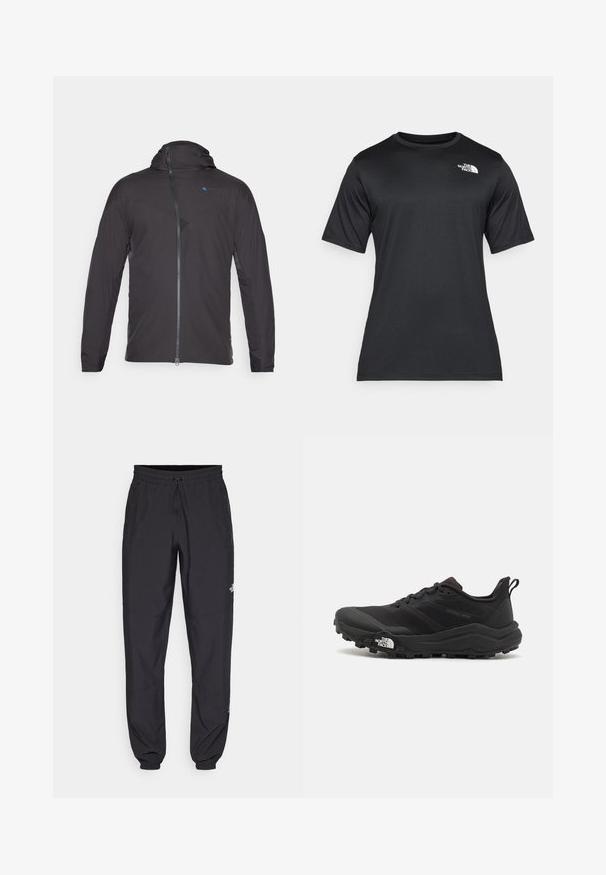 Svart träningsjacka med huva, med en framdragkedja, kontrasterande blå logotyp och strukturerade paneler på axlar och sidor.; Svart kortärmad t-shirt i lätt, fuktavvisande material. Har en vit logotyp på vänster bröst och rund halsringning.; Svarta träningsbyxor tillverkade av lättviktsmaterial, med dragsko i midjan, sidofickor och avsmalnande muddar vid anklarna.; Svart terränglöparsko med en strukturerad ovandel, gummisula och förstärkt tåhätta. Har en vadderad krage och en dragflik för enkel påtagning.
