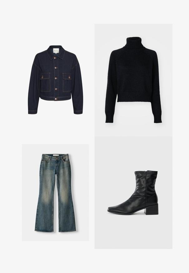 Granatowa kurtka dżinsowa z kołnierzykiem, zapięciem na guziki i dwiema przednimi kieszeniami. Posiada kontrastowe szwy i krótki krój.; Czarny sweter z wysokim kołnierzem o skróconym fasonie, z ściągaczami na mankietach i u dołu oraz teksturowanym splotem na całej powierzchni.; Niebieskie dżinsy w fasonie dzwonów z wyblakłym wykończeniem, pięcioma kieszeniami i zapięciem na guzik. Materiał ma fakturę dżinsu z subtelnymi detalami szycia.; Czarne skórzane botki do kostki z kwadratowym noskiem, suwakiem z boku i obcasem blokowym na jednolitym białym tle.
