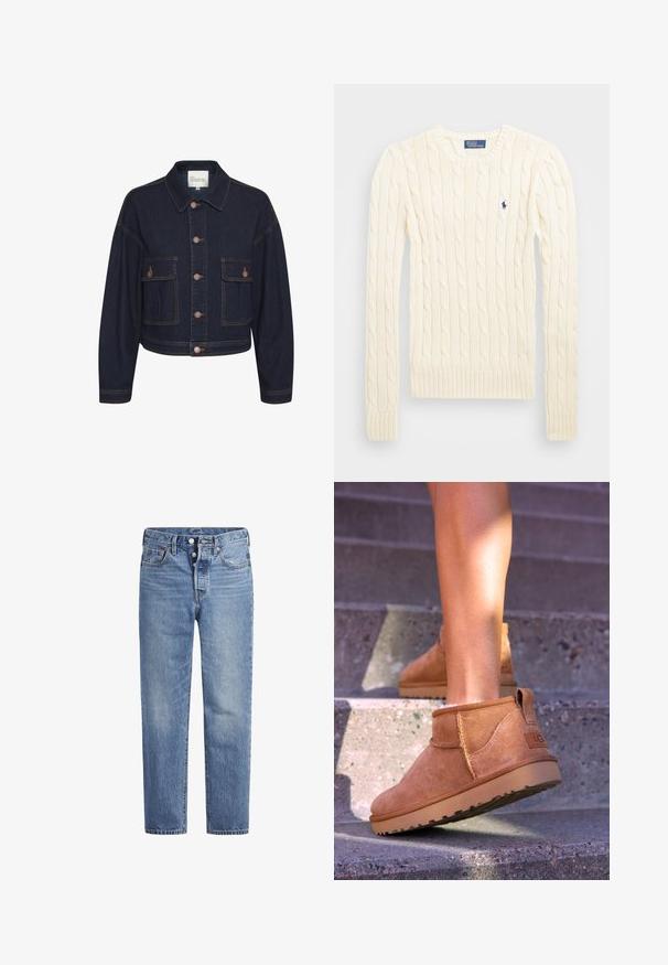 Giacca di jeans blu scuro con colletto, chiusura con bottoni e due tasche frontali. Presenta cuciture a contrasto e un design cropped.; Maglione crema a costine con maniche lunghe, polsini e orlo a coste, caratterizzato da un piccolo logo ricamato sul lato sinistro del petto.; Jeans in denim blu chiaro con taglio dritto, design a cinque tasche e chiusura con bottone. Presentano una leggera sbiaditura e dettagli in cucitura arancione.; Stivali alla caviglia in suede beige con una consistenza morbida, dettagli cuciti e suola in gomma, dotati di un tacco ad anello per una facile vestibilità.