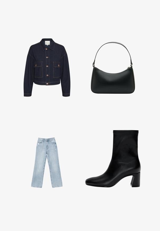 Granatowa kurtka dżinsowa z kołnierzykiem, zapięciem na guziki i dwiema przednimi kieszeniami. Posiada kontrastowe szwy i krótki krój.; Biała koszula z długim rękawem, z klasycznym kołnierzykiem, zapinana na guziki, wykonana z gładkiego materiału bawełnianego. Minimalistyczny design, bez wzorów i akcentów.; Jasnoniebieskie dżinsy o szerokim kroju, z wystrzępieniami, pięcioma kieszeniami oraz zapięciem na zamek błyskawiczny.; Czarny botek na kostkę wykonany z gładkiej skóry. Posiada kwadratowy czubek, elastyczny górny brzeg oraz masywny obcas zapewniający stabilność. Minimalistyczny design.; Czarna skórzana torba na ramię o zakrzywionym kształcie, z pojedynczym płaskim paskiem i zamknięciem na zamek błyskawiczny u góry. Gładka tekstura z minimalnymi detalami metalowymi.