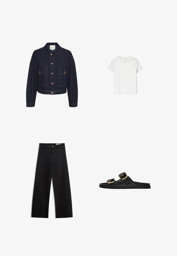 Dark blue denim jacket with a collared neck, button closure, and two front pockets. Features contrast stitching and a cropped design.; Light gray short-sleeve t-shirt made of soft fabric. Round neckline, relaxed fit, no visible patterns or accents, simple design.; Black wide-leg denim pants with a high waist, featuring front and back pockets, stitched seams, and a button closure. Smooth texture.; Black slide sandal with two gold buckle accents, smooth textured material, flat sole, and a minimalist design.