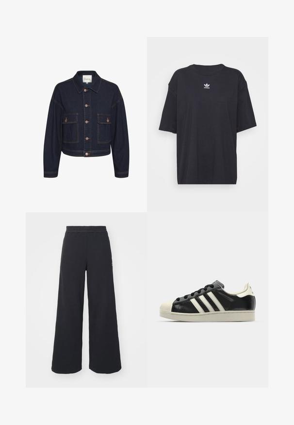 Donkerblauwe spijkerjack met een kraag, knoopsluiting en twee voorzakken. Heeft contrasterende stitching en een cropped ontwerp.; Zwarte katoenen T-shirt met korte mouwen, ronde halslijn, voorzien van een wit Adidas-logo op de borst. Eenvoudig ontwerp, comfortabele pasvorm.; Zwarte wijde sweatpants gemaakt van zachte stof, met een elastische tailleband en een klein logo aan de linkerkant.; Zwarte leren sneaker met witte strepen, rubberen teenbescherming, zwarte veters en een crèmekleurige loopzool. Glad oppervlak met een glanzende afwerking.