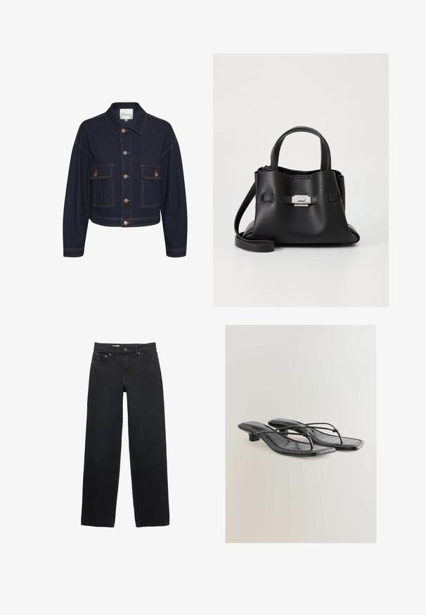 Tamno plavi traper jakna s ovratnikom, kopčanjem na dugmad i dva prednja džepa. Ima kontrastne šavove i skraćeni dizajn.; Crna majica dugih rukava izrađena od rebrastog materijala. Ima okrugli izrez i prilagođeni kroj bez vidljivih uzoraka ili naglasaka.; Crne traperice širokog kroja napravljene od denima, sa pet džepova, kopčanjem na dugme, suptilnim šavovima i ravnim krojem od struka do rubova.; Crne patentne lažne kožne sandale na petu s kvadratnim vrhom, tankim trakama i detaljima od krokodilove teksture. Dizajn s niskom blok petom.; Crna kožna torba s teksturiranim završnim obradom, koja ima dva gornja ručka, odvojivu naramenicu i detalj s srebrnim kopčanjem.