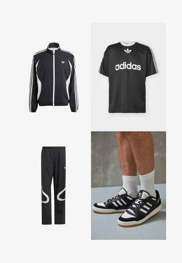 Zwarte zipjack met witte accenten, voorzien van drie witte strepen langs elke mouw en een klein wit logo op de borst. Lichtgewicht materiaal.; Zwarte t-shirt met korte mouwen, voorzien van een witte "adidas" logo en drie strepen op elke schouder. Gemaakt van glad, lichtgewicht materiaal met een ronde hals.; Zwarte sportbroek met een elastische tailleband, voorzien van grote witte gebogen accenten aan de zijkanten en een klein logo op de bovenbenen.; Zwart-witte sneakers met een bovenwerk van suede en leer, voorzien van drie witte strepen, een geperforeerde neus en een rubberen gumzool.