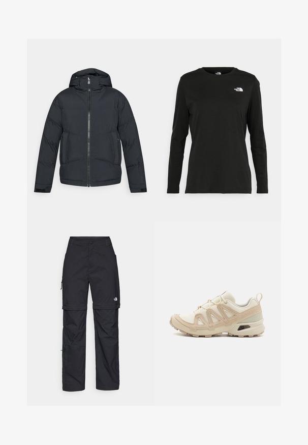 Must kapuutsiga puffer-jope, esikinnitus lukuga ja küljetaskutega. Jope on tikitud mustriga ja valmistatud kergest isoleerivast materjalist.; Must mustahiheline T-särk, millel on pikad varrukad, valmistatud puuvillast ja ümarast kaelusest. Vasakul rinnal on väike valge logo. Lihtne disain ja sobivus.; Mustad nailonist valmistatud eemaldatavad cargo-püksid, reguleeritavate pahkluudega, mitmete taskutega ja paremal jalal logoga. Sile, kerge tekstuur.; Beež ja koobalti spordijalats tekstureeritud võrkkattega, toetavad ülemised kihid ja kummist tallaga, millel on mustriga joonistus haardeks.