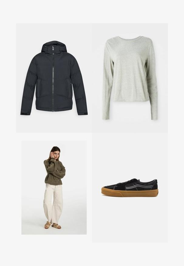 Juoda pūkinė striukė su gaubtu, užsegama užtrauktuku priekyje ir šoniniais kišenėmis. Ji pasižymi siuvinėta tekstūra ir yra pagaminta iš lengvos, izoliacinės medžiagos.; Šviesiai pilkas ilgomis rankovėmis marškinėliai, pagaminti iš minkštos medžiagos, su apvaliomis iškirpėmis ir laisvu siluetu. Siūlų detalės šonuose.; Free People GOOD LUCK MID RISE BARREL - Laisvo kirpimo džinsai - beige; Juodi suede sportbačiai su balta siūle ir firminiu šoniniu juosteliu, turintys rudą gumos padą ir žemo profilio dizainą. Su juodais raišteliais.