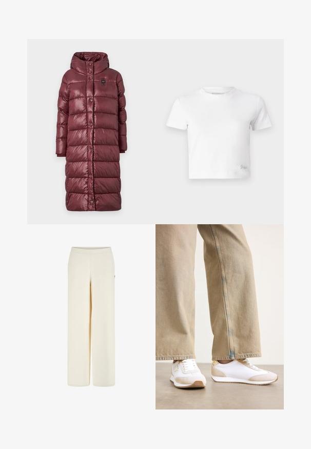 Burgundský dlouhý péřový kabát s lesklým povrchem, vyplněný izolačním materiálem, s vysokým límcem, knoflíkovým zapínáním a žebrovanými manžetami na rukávech.; Bílý zkrácený tričko z hladké bavlny, s vysokým výstřihem a krátkými rukávy. Malá vyšitá logo v dolním rohu.; Kalhoty s širokými nohavicemi vyrobené z lehké krémové tkaniny. Mají hladkou texturu, plochý pás a boční kapsu s jemným detailem loga.; Bílé tenisky s béžovým semišovým akcentem, plochým zavazováním na tkaničky a gumovou podrážkou, kombinované se světle béžovými džíny rovného střihu.