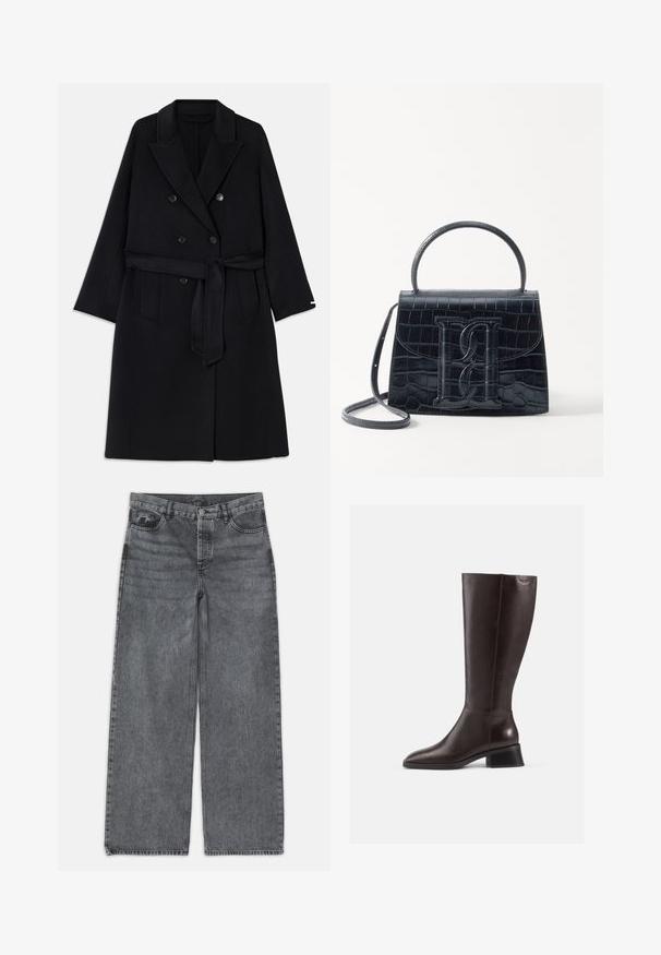 Palton negru din amestec de lână cu design dublu cu butoni, revere mari și o curea din același material. Dispune de două buzunare frontale și o textură netedă.; Pulover negru cu guler înalt, realizat dintr-un material moale, având accente cu nervuri la guler și la mansete, cu o croială relaxată și slituri laterale.; Jeans cu picioare largi din denim gri închis. Prezintă un talie înaltă, design cu cinci buzunare și închidere cu buton în față. Textură netedă cu o decolorare subtilă.; Botine din piele maro, până la genunchi, cu finisaj neted, vârf rotund și toc negru, stratificat. Design simplu, cu detalii hardware minime.; Geantă din piele cu model de crocodil negru, cu un design structurat, mână superioară, curea ajustabilă și un detaliu proeminent cu logo pe față.