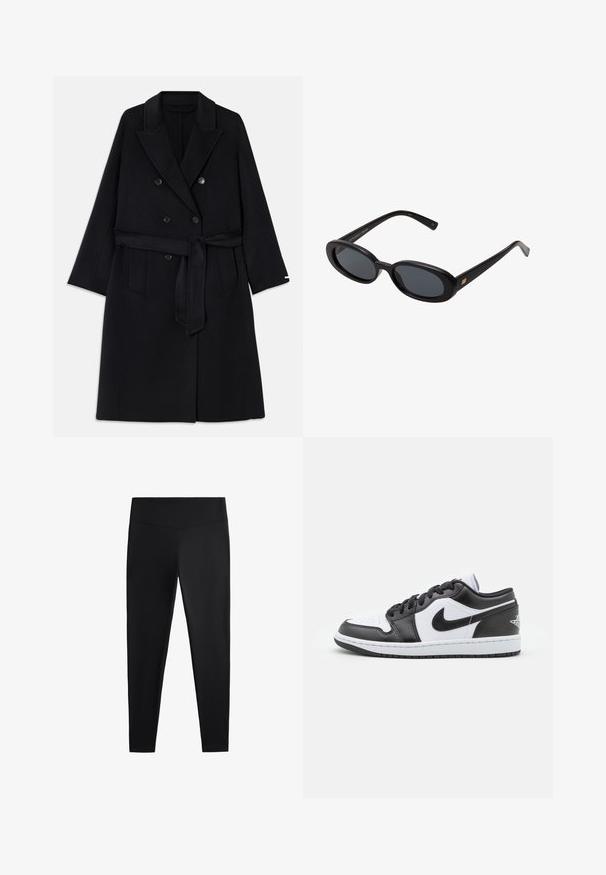 Palton negru din amestec de lână cu design dublu cu butoni, revere mari și o curea din același material. Dispune de două buzunare frontale și o textură netedă.; Pulover bej cu guler înalt, realizat dintr-un material tricotat moale. Prezintă manșete și margine ribbate, cu o croială lejeră și umeri lăsați.; Colanți negri realizați dintr-un material neted și elastic. Prezintă o talie lată și un design cu picioare conice, potriviți pentru activități sportive sau purtat casual.; Sneakers Nike cu talpă joasă, alb-negru, prezintă un superior din piele netedă, vârf rotund, închidere cu șireturi și o talpă din cauciuc cu model.; Ochelari de soare supradimensionați, cu lentile ovale, cadru din plastic neted și accente aurii pe brațe. Lentilele întunecate oferă protecție solară.; Geantă de umăr din piele întoarsă maro închis, cu curea reglabilă, accesorii aurii și o clapetă mare în față pentru închidere.