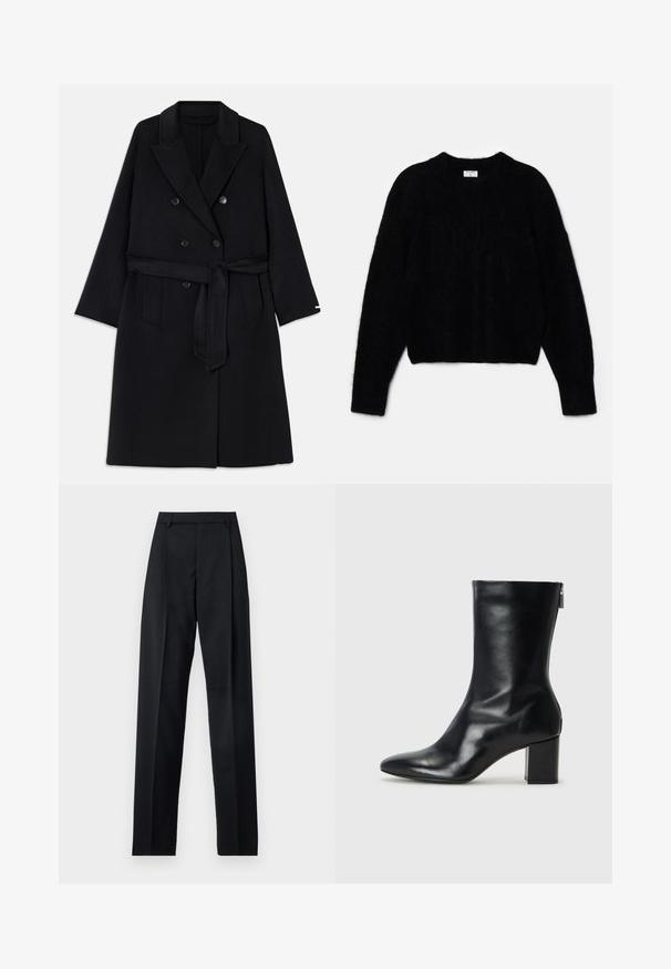 Melna vilnas maisījuma mētelis ar dubulto aizdari, lieliem atlociem un auduma jostu. Iespējotas divas priekšējās kabatas un gluda tekstūra.; Melnas īsās džemperis, izgatavots no pūkaina materiāla. Ir apaļa kakla izgriezums un garas piedurknes ar maigu tekstūru. Minimāls dizains, bez rakstiem.; Melnas bikses, izgatavotas no gludas auduma, ar augstu vidukli, platiem bikšu galdniekiem, priekšējiem krokām un klasiskām jostu cilpām. Sānu kabatas nav redzamas.; Melna ādas potītes zābaks ar norādītu purngalu un 4 cm bloku papēdi. Gluds dizains ar sānu rāvējslēdzēju vieglai uzvilkšanai. Gluda tekstūra.