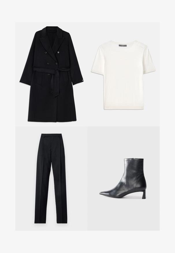 Fekete gyapjú-keverék kabát dupla gombolású stílussal, széles hajtókákkal és szövet övvel. Két elülső zsebe van, és sima tapintású.; Fehér, rövid ujjú kötött felső, kerek nyakkivágással, sima textúrával és diszkrét bordázott részletekkel az ujjain és az alján.; Fekete nadrág sima anyagból, magas derékkal, széles lábakkal, elülső redőkkel és klasszikus övhurkokkal. Oldalzsebek nem láthatók.; Fekete bőr bokacsizma hegyes orral és letisztult dizájnnal. Alacsony sarka és hátsó cipzáras záródása van. Simának tűnő textúra.