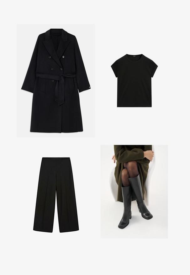 Černý kabát z vlněné směsi s dvouřadým zapínáním, Velkými klopami a látkovým páskem. Obsahuje dvě přední kapsy a hladkou texturu.; Černé tričko s krátkým rukávem a kulatým výstřihem s rovnými lemy, vystavené na bílé ploše.; Černé široké kalhoty vyrobené z jemné tkaniny, s vysokým pasem a skládanými detaily, hladkého povrchu a bez viditelných ozdob.; Černé kožené boty po kolena s hranatou špičkou a blokovým podpatkem, předvedené na modelce sedící v olivově zeleném kabátu. Hladký povrch, minimalizované detaily.