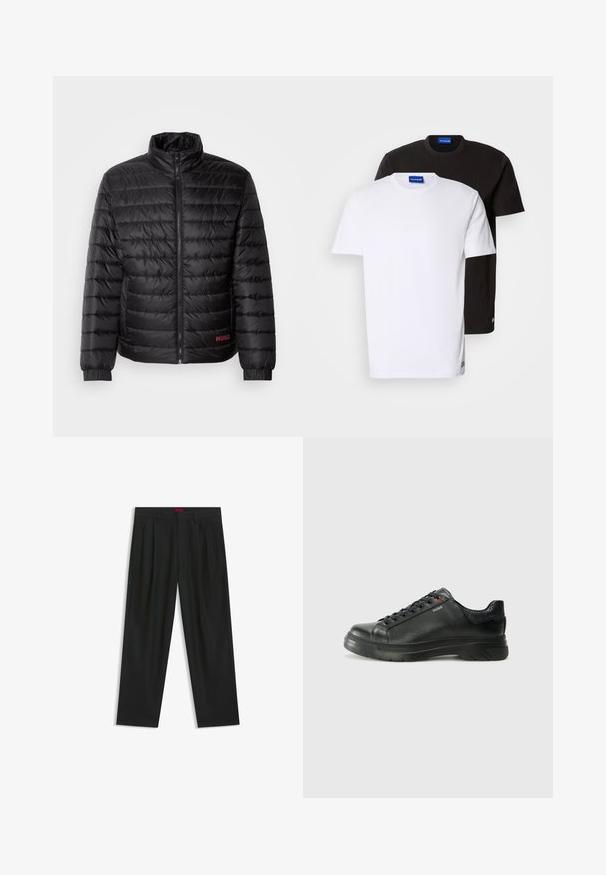 Black puffer jacket with horizontal quilting, high collar, front zipper, and elastic cuffs. Red "HUGO" logo on the lower left.; Two T-shirts stacked: one white and one black. Short sleeves, round necklines, cotton fabric. Features a small blue logo at the neckline.; Black trousers with a pleated design, wide leg shape, and a smooth texture. Features a red waistband tag.; Black leather sneaker with textured upper, padded collar, and red logo detail. Features a thick rubber sole with distinct tread pattern.