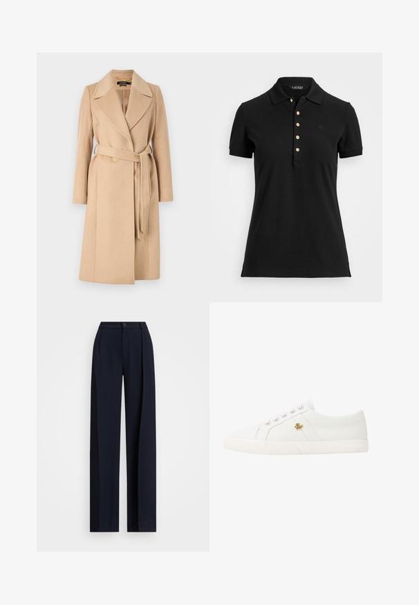 Lauren Ralph Lauren BELTED WOOL BLEND WRAP COAT - Abrigo clásico - camel; Polo negra confeccionada en suave tejido de algodón, con cuello, mangas cortas y botones dorados a lo largo de la tapeta. Detalle de logo pequeño en el pecho.; Pantalones de pierna ancha en color marino con pliegues, cierre de botón y una textura de tela suave. Diseñados para un ajuste suelto y cómodo.; Lauren Ralph Lauren JANSON II CANVAS SNEAKER - Zapatillas - optic white