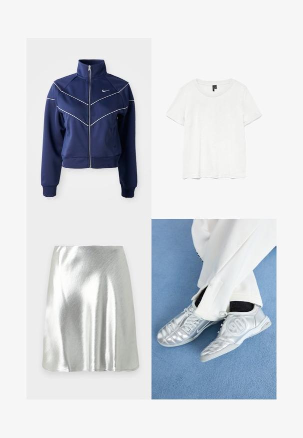 Navy zip-up jacket made of smooth fabric features a high collar, white chevron stitching, and side pockets. Nike logo on the chest.; White short-sleeve t-shirt with a round neckline, made of lightweight fabric. Simple design, smooth texture, and straight hem.; Silver metallic mini skirt with a smooth texture and a slight sheen. Features a flared design and a simple, clean cut hemline.; Silver athletic shoes with a smooth, shiny finish, featuring a stitched design and the number 90 on the side, paired with white pants.