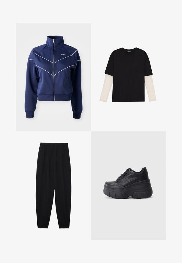 Jūras kara flotes zipsjaka, izgatavota no gludas auduma, ar augstu apkakli, baltu chevron šuvēm un sānu kabatām. Nike logo uz krūtīm.; Melna kokvilnas T-kreklu ar īsām piedurknēm, virs baltas garām piedurknēm ar smalku teksturētu rakstu. Apaļas kakla izgriezuma dizains.; Melnas, vieglas bikses ar elastīgu jostu un savilktiem potītiem. Audums ir gluds un to raksturo brīva, sašaurināta forma.; Melni šņorējami sporta apavi ar biezu zoli, ar gludu ādas augšdaļu, noapaļotu purngalu un izteiktu slāņveida platformas dizainu.