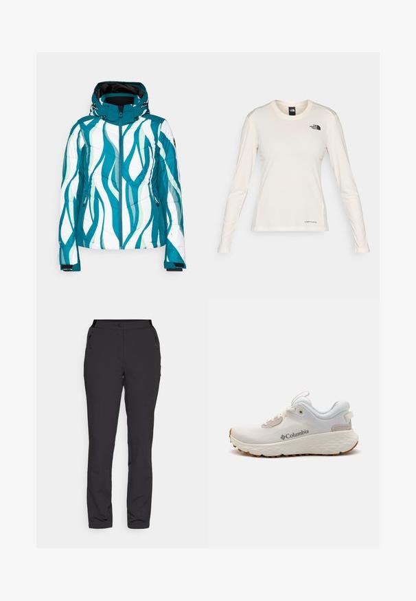Türkiissinist ja valgest tikandi muster, kõrge kaelusega jope, lukuga ja küljetaskutega. Reguleeritav kapuuts ja mansetid.; The North Face SHADOW LONG SLEEVE - Pikkade varrukatega topp - white dune; Mustad must outdoor püksid, mis on valmistatud kergest kangast, omavad sirget sääremudelit, lukuga küljetaskuid ja reguleeritavat vööd.; Kerged Columbia spordijalanõud valgest võrgust, millel on tekstureeritud hall tall ja kummist haardepind. Omaduseks on polsterdatud krae ja nööridega kinnitussüsteem.